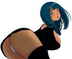  1girl ass bad_id blue_eyes blue_hair blush breasts cleavage dark_skin female large_breasts nico_robin noroken one_piece panties pantyshot plump simple_background solo thighhighs underwear white_background white_panties 