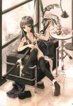  absurdres bangs black_eyes black_hair black_legwear blunt_bangs chair collarbone copyright_request feet hair_censor hair_over_breasts highres katana konoe_ototsugu legs long_hair nude solo sword thighhighs weapon 