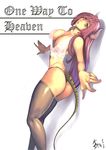  breasts covered_nipples demon_girl green_eyes horns large_breasts long_hair navel original pink_hair see-through slender_waist solo sweat tail teddy_(khanshin) thighhighs 