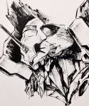  eva_01 greyscale head highres horn mecha monochrome neon_genesis_evangelion no_humans northeast_mountain photo portrait sketch traditional_media 