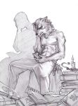  2019 anthro blue_eyes book candle canid canine canis digital_media_(artwork) hi_res human male mammal mirror monochrome rakan scar shadow sitting sketch were werecanid werecanine werewolf wolf www 