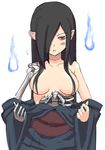  bad_id bad_pixiv_id black_hair blush breasts copyright_request hair_censor hair_over_breasts hair_over_one_eye hitodama japanese_clothes jingai_modoki kimono large_breasts long_hair monster_girl pointy_ears red_eyes ribs skeleton solo sweatdrop undressing 