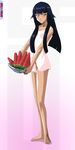  absurdres alternate_hairstyle bleach blue_eyes blue_hair blush food fruit highres long_hair long_legs naked nude soifon stiky_finkaz sui-feng tan towel watermelon 