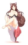  1girl animal_ears ass bare_shoulders barefoot blush breasts brown_eyes brown_hair choker cleavage collarbone detached_sleeves dress erect_nipples eyebrows_visible_through_hair floating highres huge_breasts imaizumi_kagerou levitation long_hair no_bra no_pants non_(z-art) panties pantyshot simple_background solo tail touhou triangle_mouth underwear white_background white_panties 