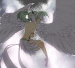  amami_amayu bad_id bad_pixiv_id breasts feathered_wings feathers green_hair harpy long_hair medium_breasts monster_collection monster_girl ponytail sideboob sky solo wings 