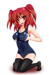  bad_id bad_pixiv_id black_legwear blush breast_squeeze breasts cameltoe covered_nipples fang large_breasts one-piece_swimsuit onozuka_komachi red_eyes red_hair school_swimsuit self_fondle shiny shiny_clothes skindentation smile solo swimsuit tera_hiroshi thighhighs touhou 