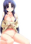  asakura_ryouko bare_shoulders blue_hair blush bottomless breasts cleavage large_breasts long_hair nagami_yuu naked_sweater navel no_panties sitting smile solo suzumiya_haruhi_no_shoushitsu suzumiya_haruhi_no_yuuutsu sweater 