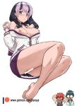  1girl 2boys bangs bare_legs barefoot black_hair blue_eyes blush bottomless breasts censored collared_shirt eyebrows_visible_through_hair from_behind full-face_blush full_body fusion glasses hand_on_own_chest hands_on_head haraya_manawari hibiki_yuuta large_breasts long_hair looking_at_viewer motion_lines multicolored_hair multiple_boys necktie nipples no_bra off_shoulder open_mouth parted_lips patreon_logo patreon_username pink_hair red_hair red_neckwear scrunchie shinjou_akane shirt short_hair short_sleeves simple_background ssss.gridman streaked_hair takarada_rikka two-tone_hair utsumi_shou vest watermark web_address white_background white_shirt wrist_scrunchie zipper zipper_pull_tab 