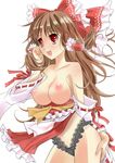  absurdres bad_id bad_pixiv_id bow breastless_clothes breasts brown_hair detached_sleeves hair_bow hakurei_reimu highres large_breasts long_hair onaka_sukisuki panties red_eyes solo touhou underwear 