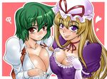  &gt;:( areola_slip areolae asymmetrical_docking bad_id bad_pixiv_id bangs blonde_hair blush bow breast_press breast_suppress breasts choker cleavage collarbone covered_nipples eyebrows from_above frown gloves green_hair hat hat_bow huge_breasts kazami_yuuka large_breasts long_hair looking_at_viewer looking_up multiple_girls nipples outline pink_background plaid plaid_shirt puffy_nipples puffy_sleeves purple_eyes red_eyes ribbon_choker ringed_eyes shiny shiny_skin shirt short_hair smirk sweat tatsutagawa_nishiki touhou untied upper_body v-shaped_eyebrows vest white_gloves yakumo_yukari 