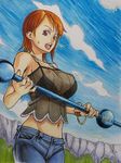  breasts clima-tact cloud day denim jeans large_breasts md5_mismatch nami_(one_piece) navel negi_(negiyan) one_piece orange_hair pants see-through sky solo 
