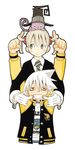  1girl :3 absurdres animal animal_on_head artist_request black_cat blair blonde_hair blush cat cat_on_head gloves green_eyes hat highres jacket maka_albarn necktie on_head scan short_hair soul_eater soul_eater_(character) twintails white_hair witch_hat 