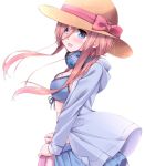  1girl :d bikini bikini_top bikini_under_clothes blue_bikini_top blue_eyes blue_jacket blue_ribbon blue_skirt blush bow breasts brown_hat cleavage eyes_visible_through_hair from_side front-tie_bikini front-tie_top go-toubun_no_hanayome hairband hat hat_bow headphones headphones_around_neck hood hooded_jacket innertube jacket long_hair long_sleeves looking_at_viewer looking_to_the_side medium_breasts nakano_miku open_mouth pink_bow pink_hair ribbon sidelocks simple_background skirt smile solo sun_hat swimsuit tareme wari_(nirodo26) white_background 