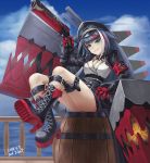  1girl ark_john_up armband azur_lane bangs barrel black_hair black_skirt blue_sky boots cloud collar commentary dated deutschland_(azur_lane) english_commentary eyebrows_visible_through_hair goggles goggles_on_headwear gun hat high_heel_boots high_heels holding holding_gun holding_weapon iron_cross knee_boots long_hair long_sleeves looking_at_viewer mechanical_hands military_hat multicolored_hair ocean platform_boots railing rigging sharp_teeth signature sitting sitting_on_object skirt sky smile solo streaked_hair teeth thigh_strap very_long_hair weapon 