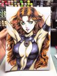  1girl bangs breasts center_opening dated dc_comics green_eyes large_breasts lips long_hair looking_at_viewer navel orange_hair parted_lips photo signature solo stanley_lau starfire teen_titans traditional_media upper_body 