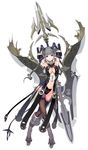  armpits arms_up blue_eyes boots breasts cleavage demon_girl earrings elbow_gloves fantasy gloves grey_hair highres horns huge_weapon jewelry long_hair medium_breasts nakabayashi_reimei navel original pointy_ears solo sword thighhighs twintails weapon zipper zoom_layer 