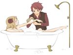  1boy 1girl bad_id bad_pixiv_id bath bath_kick bathing bathtub beatrice blonde_hair bubble_bath claw_foot_bathtub closed_eyes jpeg_artifacts long_hair open_mouth red_hair short_hair smile soap sponge umineko_no_naku_koro_ni ushiromiya_battler 