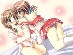  bed brown_hair folded_ponytail hair_ornament hairclip hiiragi_tomoka incest komaki_ikuno komaki_manaka multiple_girls panties saliva saliva_trail school_uniform short_hair striped striped_panties to_heart_2 to_heart_2_ad underwear yuri 