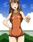  adapted_costume alternate_color_school_swimsuit blue_eyes blush brown_hair evangelion:_2.0_you_can_(not)_advance hand_on_hip highres kakkii long_hair navel neon_genesis_evangelion one-piece_swimsuit orange_swimsuit plugsuit rebuild_of_evangelion romaji school_swimsuit see-through shikinami_asuka_langley solo souryuu_asuka_langley swimsuit test_plugsuit 