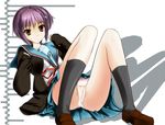  ashizawa bad_id bad_pixiv_id brown_eyes cardigan kita_high_school_uniform long_sleeves nagato_yuki orange_eyes panties pantyshot purple_hair reclining school_uniform serafuku shadow short_hair skirt solo suzumiya_haruhi_no_yuuutsu underwear white_panties 