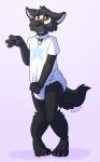  anthro black_fur canid canine canis clothing collar diaper embarrassed frown fur kalida mammal pulling_shirt shaking simple_background solo toyapup_(toyapup) trembling upset wolf 