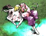  amaterasu animal artist_request blonde_hair goddess grass hakama japanese_clothes long_hair lowres male_focus ookami_(game) purple_hakama sleeping ushiwakamaru wolf 