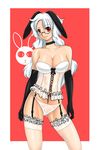  animal_ears black_gloves breasts bunny_ears cleavage copyright_request corset elbow_gloves frills garter_straps garters glasses gloves judge_martin lace lace-trimmed_thighhighs large_breasts lingerie panties red_eyes shiny shiny_skin smile solo thighhighs underwear white_hair white_legwear white_panties 