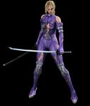  3d bare_shoulders blonde_hair bodysuit braid death_by_degrees dirty dual_wield dual_wielding elbow_gloves gloves highres katana namco nina_williams official_art skin_tight standing sword tekken torn_clothes weapon 