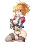  blonde_hair breasts caryo condom condom_in_mouth excellen_browning lingerie mouth_hold one_eye_closed solo super_robot_wars tabigarasu thighhighs underwear 
