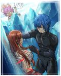  1girl 2boys against_wall anger_vein black_bodysuit blue_hair blush bodysuit breasts brown_hair bruise cleavage clenched_hand earrings erza_scarlet eyes_closed facial_mark fairy_tail fangs highres holding_another&#039;s_hair injury jellal_fernandes jewelry large_breasts long_hair multiple_boys natsu_dragneel open_mouth pink_hair restrained sarashi scarf siranta0819 speech_bubble spiked_hair standing very_long_hair white_scarf 