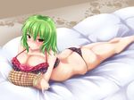  ass blush bow bra breasts cleavage green_hair heart highres kazami_yuuka large_breasts lingerie lying negamaro on_stomach panties pillow red_eyes short_hair solo touhou underwear 