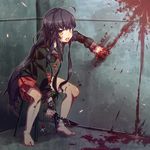  ahoge bad_id bad_pixiv_id barefoot black_hair blood feet is_ii knife long_hair original purple_hair school_uniform sitting skirt solo tally tears very_long_hair yellow_eyes 