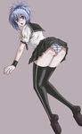  ass bent_over blue_eyes blue_hair blush genderswap genderswap_(mtf) hands highres kampfer legs looking_back miyabimasa panties school_uniform senou_natsuru short_hair skirt solo striped striped_panties surprised thighhighs underwear 