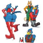  anthro avian ball_gag beak big_butt bird blush butt canid canine clothed clothing crossdressing duo erection falco_lombardi footwear fox fox_mccloud gag grinding hicanyoumooforme high_heels legwear male male/male mammal nintendo shoes simple_background smile star_fox teasing thick_thighs video_games white_background 