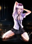  arms_behind arms_behind_back arms_up breasts kneeling long_hair necktie open_clothes open_shirt plaid plaid_skirt purple_eyes purple_hair shirt skirt spread_legs tongue wet 