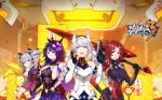  bodysuit braid bronya_zaychik drill_hair gloves grey_eyes grey_hair gun hair_ornament hair_ribbon hairband hairdressing highres honkai_impact kiana_kaslana long_hair mask mask_on_head multiple_girls murata_himeko official_art orange_eyes purple_eyes purple_hair raiden_mei red_eyes ribbon stuffed_toy sword twin_drills weapon white_hair 