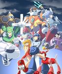  6+boys capcom concreteman eddie_(rockman) fire fuyuwa_kotatsu galaxyman hornetman jewelman magmaman multiple_boys multiple_girls plugman polearm robot rockman rockman_(character) rockman_(classic) rockman_9 roll rush_(rockman) splash_woman tornadoman trident weapon 