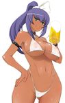  alcohol beer bikini blue_hair breasts coga'l collar copyright_request curvy dark_skin green_eyes large_breasts miito_shido ponytail simple_background solo strap swimsuit 