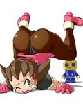  ass brown_hair earrings gloves green_eyes hair_pulled_back hairband isu jewelry kobun lowres pantyhose pink_hairband rockman rockman_dash top-down_bottom-up tron_bonne when_you_see_it wince 