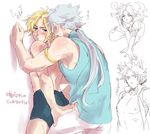  2boys against_wall animal_ears armband blonde_hair blue_eyes cat_ears cat_tail crawl dissidia_final_fantasy earrings final_fantasy final_fantasy_ii final_fantasy_x frioniel jewelry long_hair male male_focus multiple_boys necklace nipples open_clothes open_shirt shirt shorts silver_hair standing tail tidus topless yaoi 