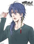  1boy arisugawa_dice blue_hair hair_ornament hypnosis_mic long_hair open_mouth plain_background purple_eyes white_background 