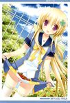  absurdres blonde_hair cloud clover copyright_request day fence food four-leaf_clover fruit highres huge_filesize long_hair miyasu_risa open_mouth panties purple_eyes school_uniform skirt skirt_lift sky smile solo strawberry thighhighs tree underwear very_long_hair 