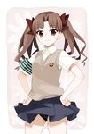  :3 armband bad_id bad_pixiv_id bow brown_eyes brown_hair hair_bow hands_on_hips highres kusano_houki lace lace_panties long_hair panties pantyshot school_uniform shirai_kuroko skirt solo sweater_vest to_aru_kagaku_no_railgun to_aru_majutsu_no_index twintails underwear 