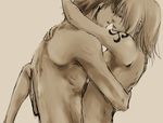  1girl bad_id bad_pixiv_id couple hetero hug imminent_kiss kiss leg_lift mochi_mocchi monkey_d_luffy monochrome nami_(one_piece) nude one_piece sketch tattoo 