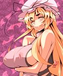  bare_shoulders blonde_hair bow breast_hold breasts hair_bow hat huge_breasts long_hair naked_tabard see-through sideboob solo tabard touhou tro yakumo_yukari yellow_eyes 