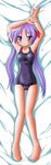  bad_feet barefoot bed_sheet blue_eyes blush cameltoe covered_navel dakimakura hair_ribbon hiiragi_kagami long_hair lucky_star narurun_(final123) navel one-piece_swimsuit purple_hair ribbon school_swimsuit sheet_grab solo swimsuit tsurime twintails 