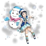  1girl :d blue_capelet blue_hair boots capelet fur-trimmed_capelet fur_boots fur_trim gloves highres looking_up miniskirt mole mole_under_eye official_art open_mouth outstretched_arms print_capelet print_skirt sachi_(sao) short_hair skirt smile snowflake_print snowman solo sword_art_online transparent_background white_gloves 