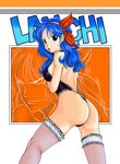  ass back bad_id bad_pixiv_id blue_hair character_name dragon_ball dragon_ball_(classic) dual_persona headband judge_martin leotard lingerie looking_back lunch_(dragon_ball) thighhighs thong_leotard underwear 