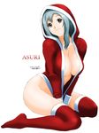  blue_hair bottomless breasts brown_eyes christmas cleavage hood hoodie kneeling large_breasts long_hair original red_legwear ryouzou santa_costume signature simple_background smile solo thighhighs 