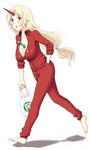  alternate_costume barefoot between_breasts blonde_hair blush breasts cleavage contemporary cucumber full_body hiroya_juuren horn hoshiguma_yuugi large_breasts oni red_eyes sexually_suggestive simple_background sleeves_pushed_up solo sweater touhou 